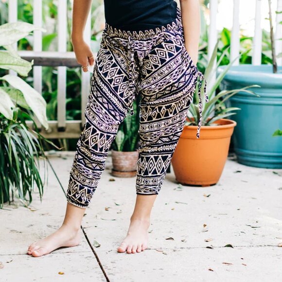 Kids Tribal Harem Pant Cotton Unisex Travel Boho Black Triangle Tribal Pants - Picture 9 of 9